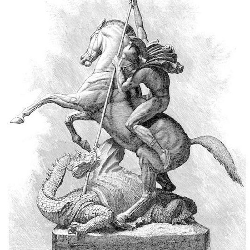 St George bronze sculprure killing dragon in stock