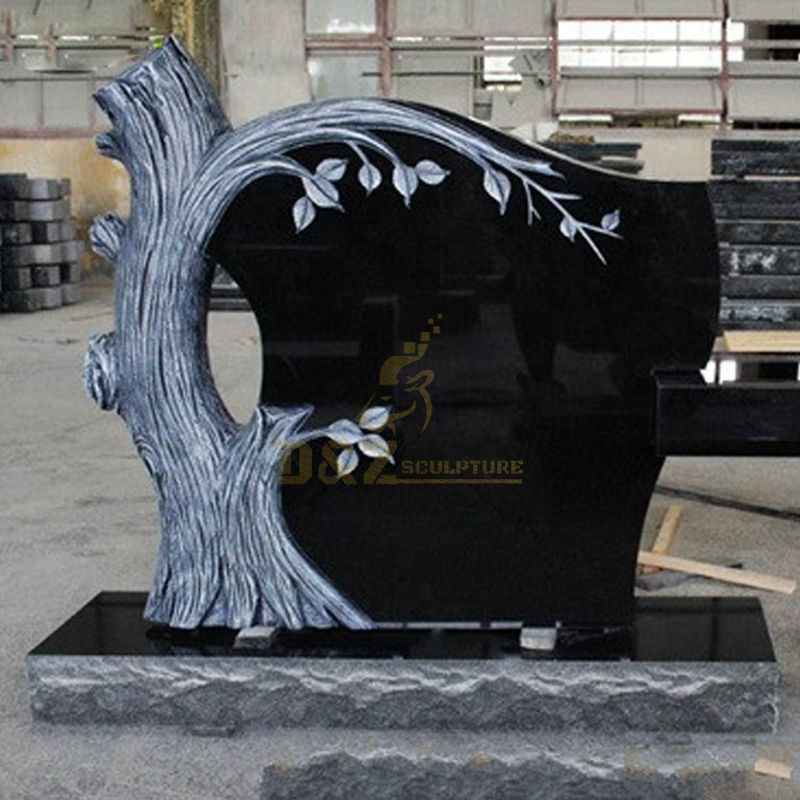 Carved Angel Black Granite Tombstone