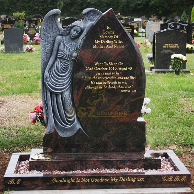 Cemetery Usage Black Granite Upright Headstone With Angel Engraving