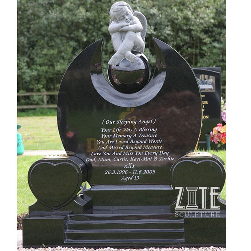 Cemetery Usage Black Granite Upright Headstone With Angel Engraving