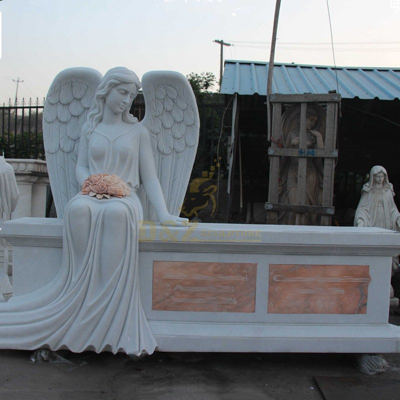 Hand Carved Marble Tombstone Polished Sitting Angel Gravestone