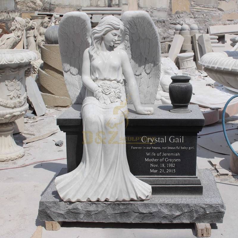 Hand Carved Marble Tombstone Polished Sitting Angel Gravestone