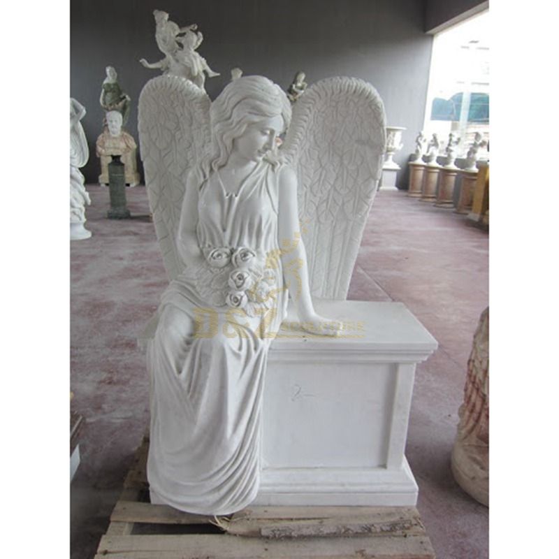 Hand Carved Marble Tombstone Polished Sitting Angel Gravestone