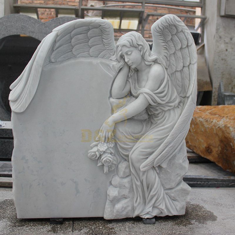 Hand Carved Marble Tombstone Polished Sitting Angel Gravestone