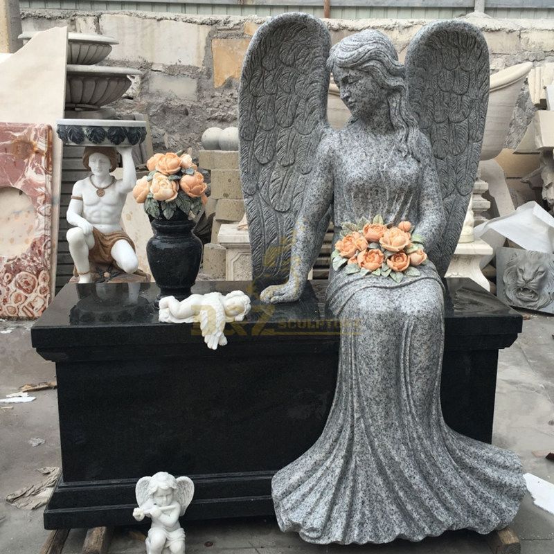 Black Granite Beautiful Heart Shaped Angel Statue Headstone Granite Tombstone