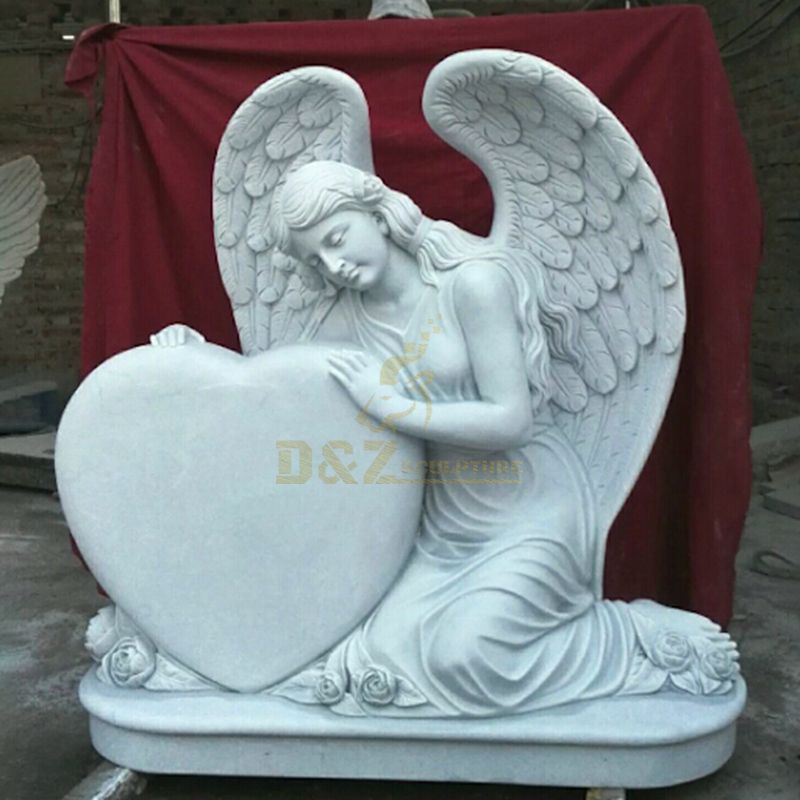 White Marble Vivid Angel with Heart Tombstone For Sale