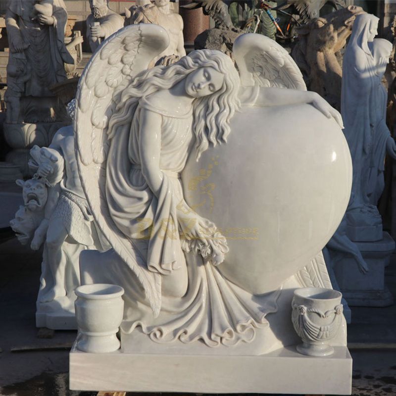 White Marble Vivid Angel with Heart Tombstone For Sale