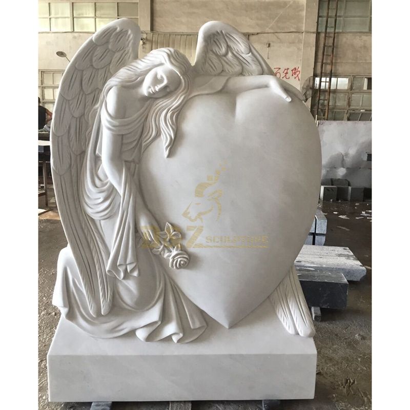 White Marble Vivid Angel with Heart Tombstone For Sale