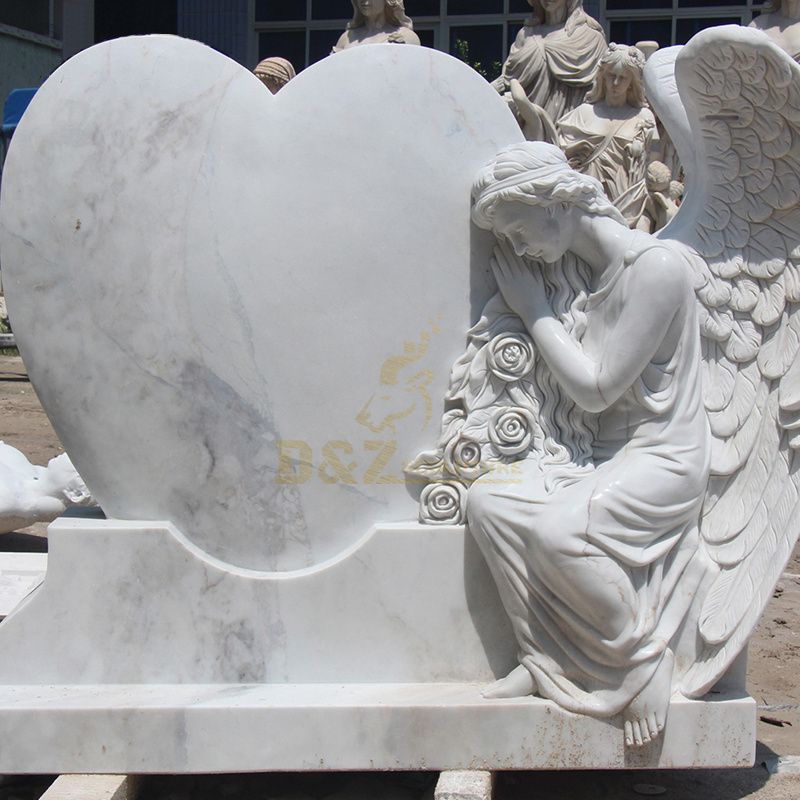 White Marble Vivid Angel with Heart Tombstone For Sale