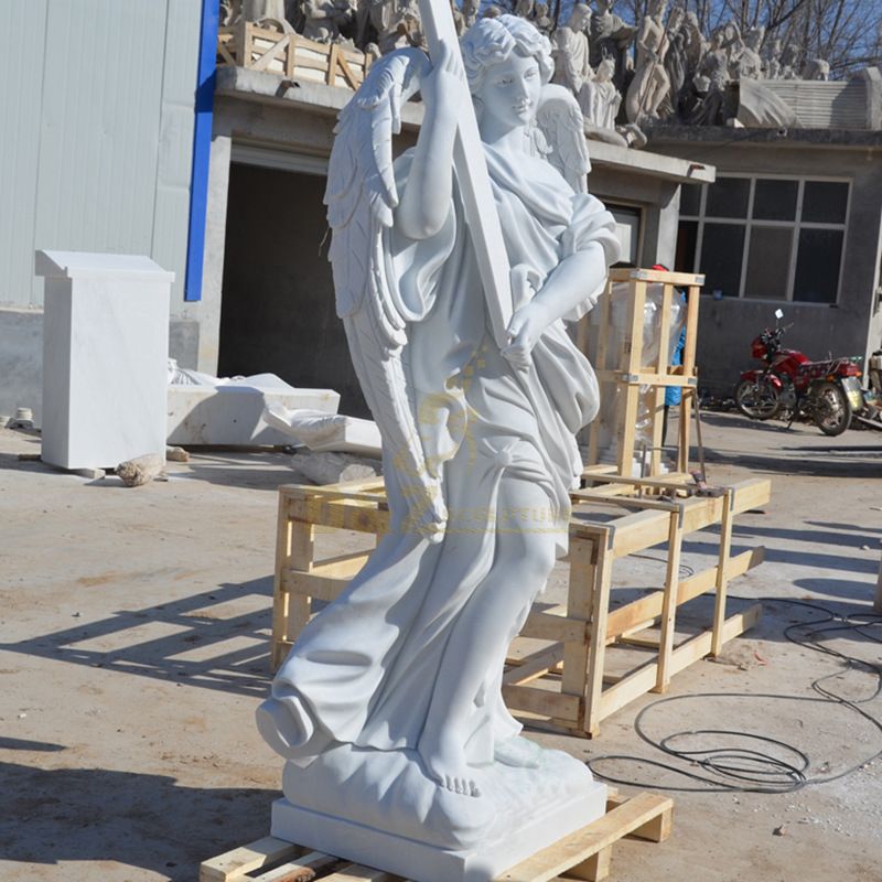 High Quality Classic Western Angelus Stone Angel Cross Sculpture White Marble Garden Male Angel Statue