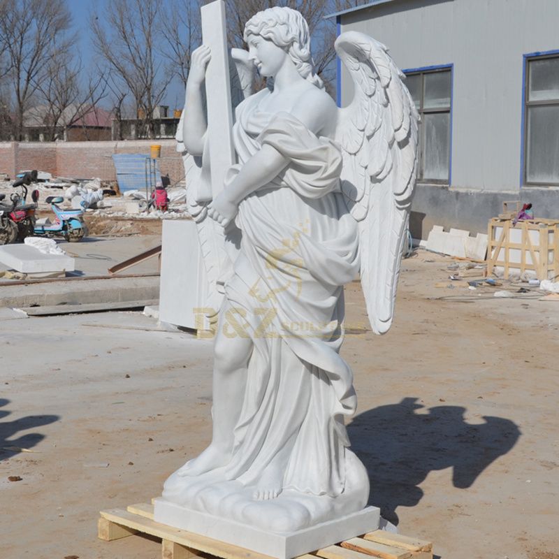 High Quality Classic Western Angelus Stone Angel Cross Sculpture White Marble Garden Male Angel Statue
