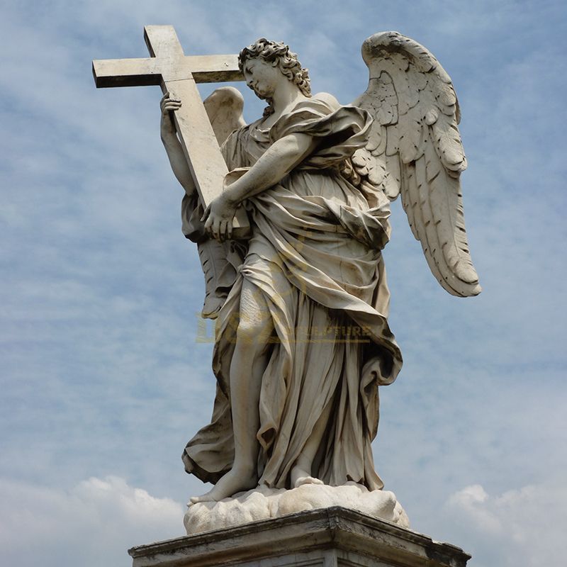 Hand Carved Natural Stone Marble Angel Cross Headstone Statue