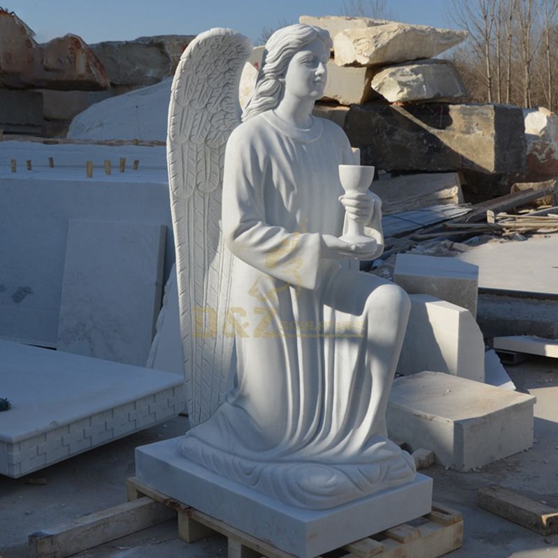 Custom Made White Marble Kneeling Angel Holding A Grail Grave Statues