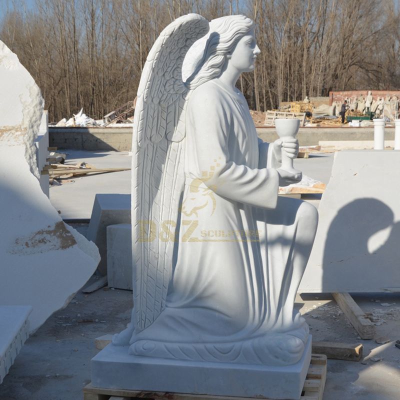 Custom Made White Marble Kneeling Angel Holding A Grail Grave Statues