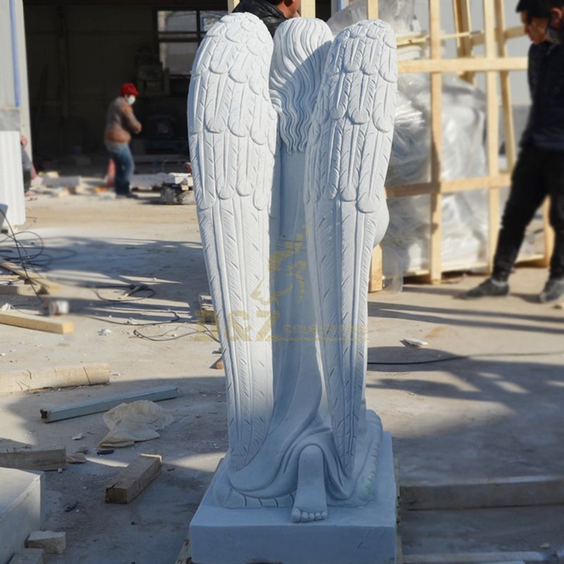 Custom Made White Marble Kneeling Angel Holding A Grail Grave Statues