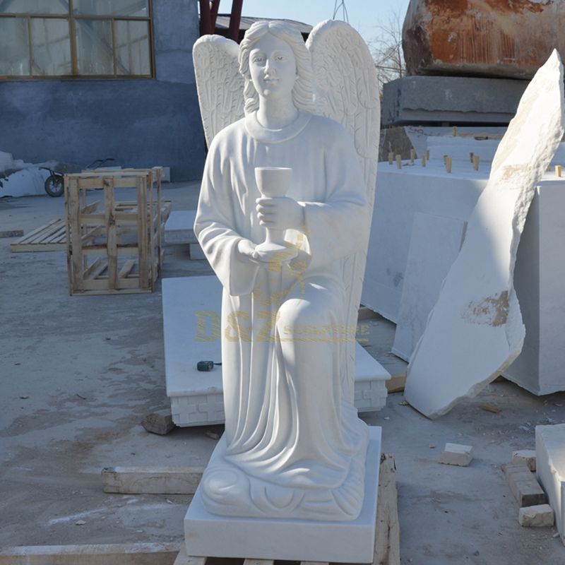 Natural Stone Winged Prayer Marble White Angel Sculpture For Church Decoration