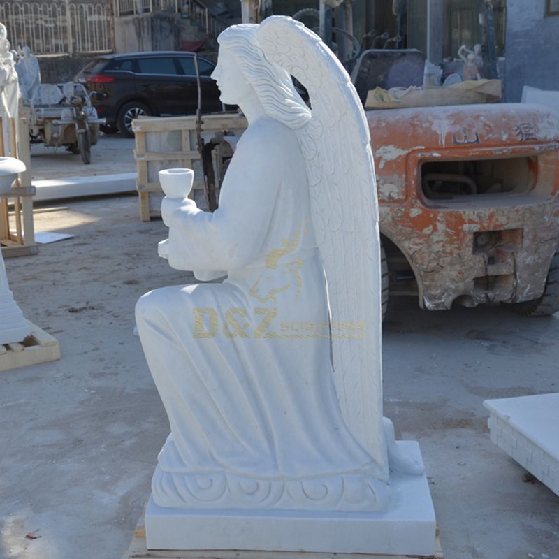 Natural Stone Winged Prayer Marble White Angel Sculpture For Church Decoration