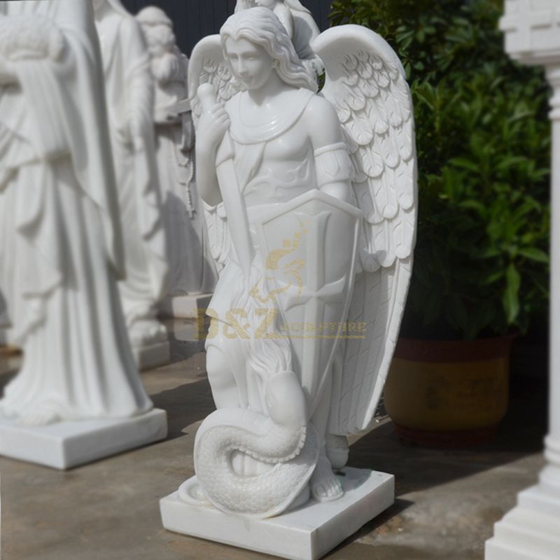 Life Size White Marble Saint Michael Statue Large Stone Angel Sculpture