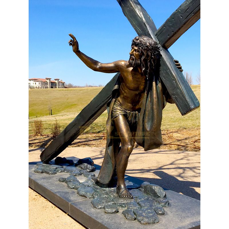 Jesus Caring The Cross Bronze Sculpture Religious Statue