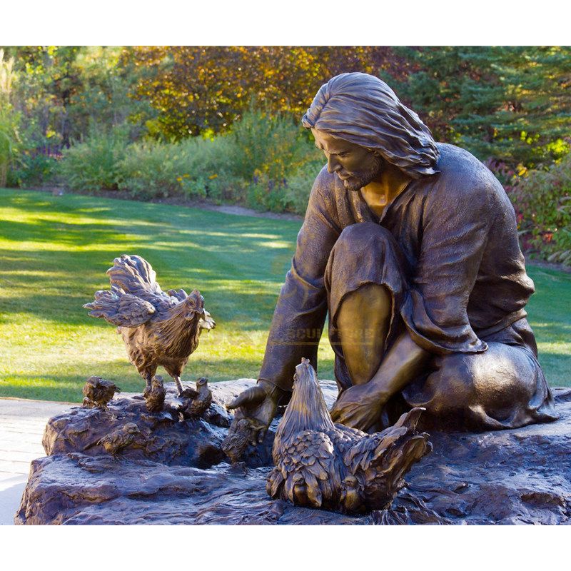 Outdoor Garden Life Size Bronze Sculpture Of Jesus Feeding Chickens