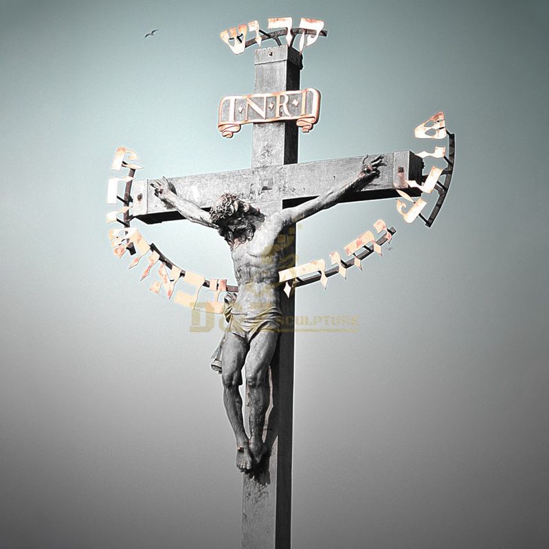 Outdoor Bronze Life Size Jesus Suffering with Big Cross Statue