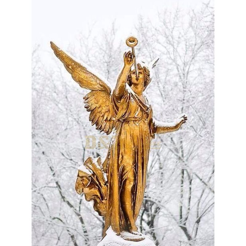 Golden Bronze Sculpture Of Angel Blows Trumpet Archangel Garden