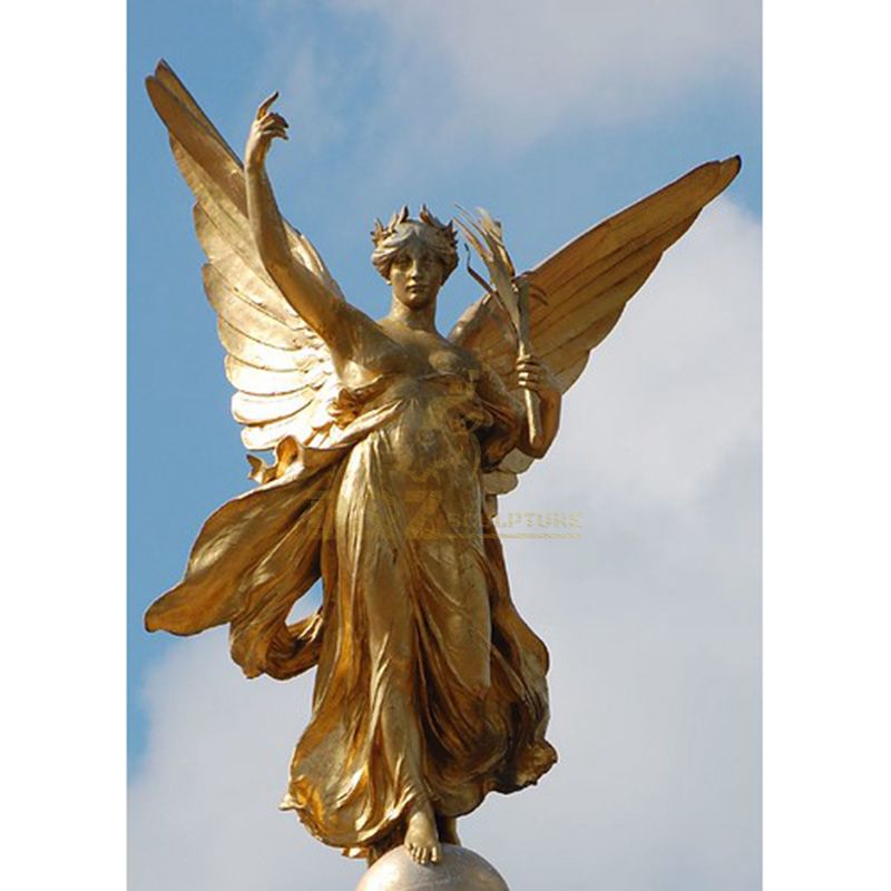 Golden Bronze Sculpture Of Angel Blows Trumpet Archangel Garden