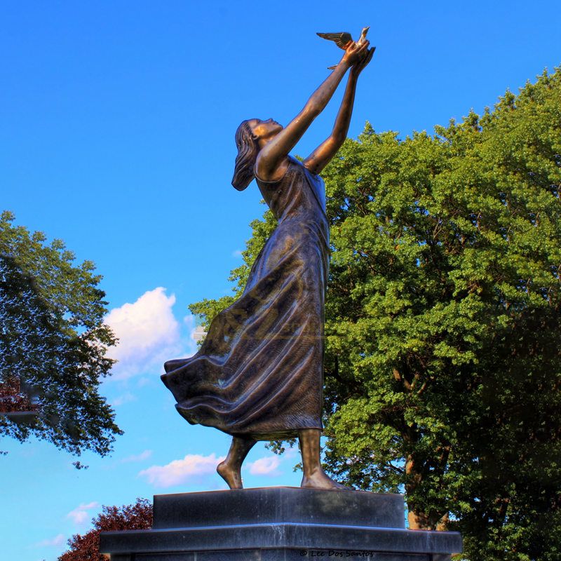 Life Size Bronze Winged Girl Angel Fairy Sculpture With Bird Statue