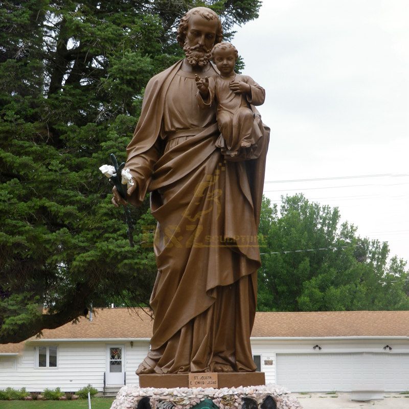 Large Religious Bronze Saint Joseph With Babay Jesus Statue Sculpture