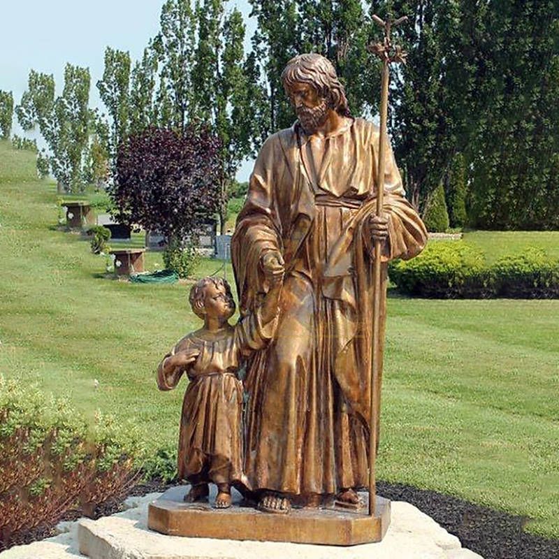 Large Religious Bronze Saint Joseph With Babay Jesus Statue Sculpture