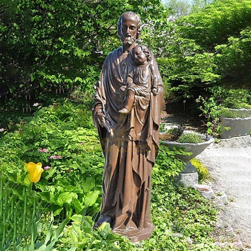 Large Religious Bronze Saint Joseph With Babay Jesus Statue Sculpture