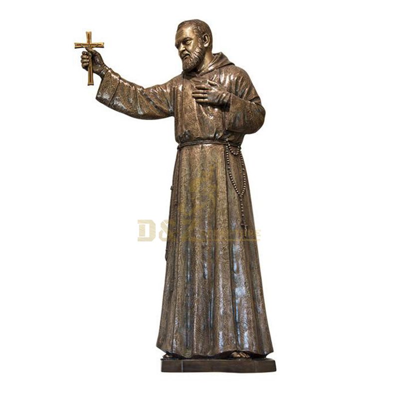 Bronze Religious Figure Of Saint Padre Pio Holding A Cross