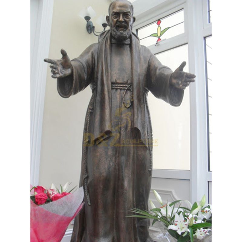 Saint Padre Pio Statue Stood In Bronze With His Hands Open