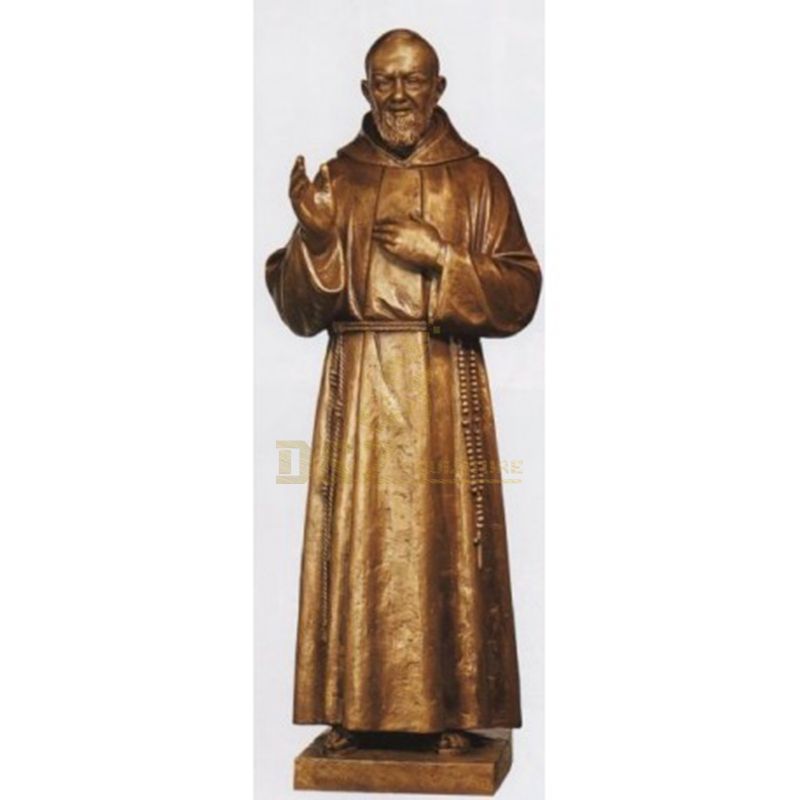 Bronze Religious Figure Of Saint Padre Pio Holding A Cross