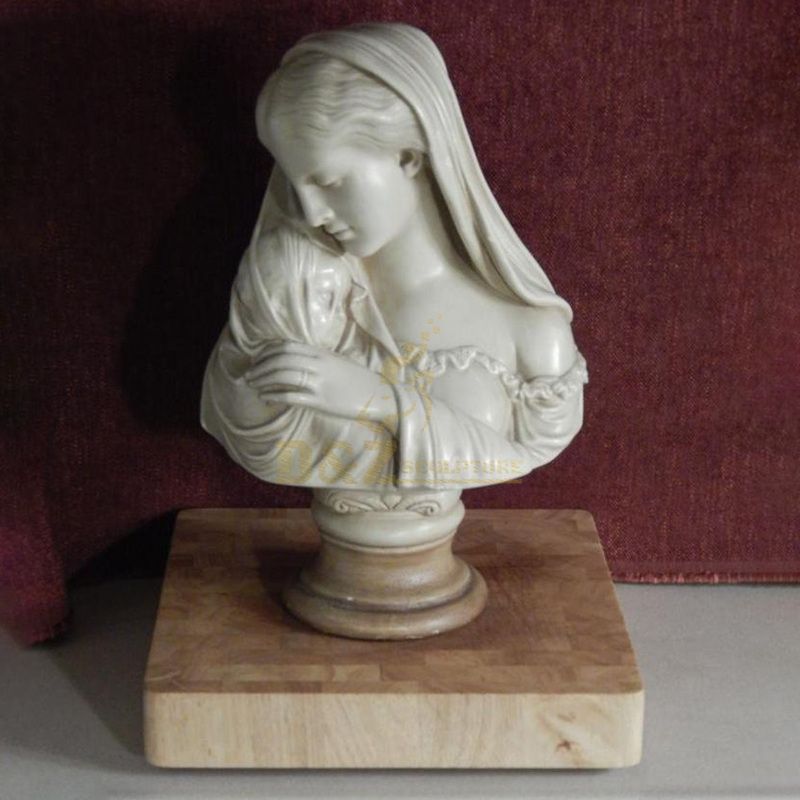 Carved White Marble Mary Bust Statue