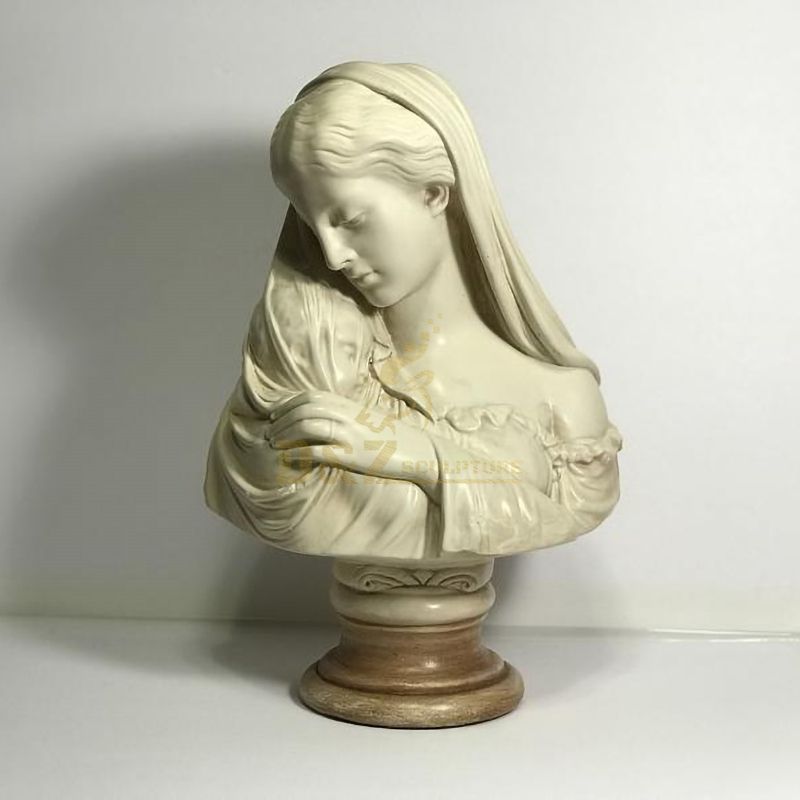 Carved White Marble Mary Bust Statue