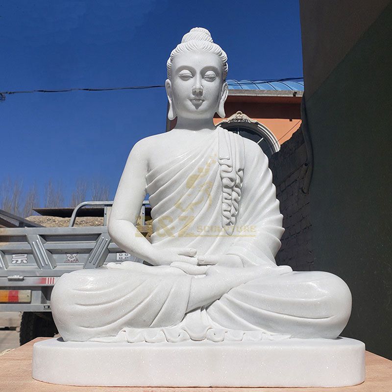 Indian Buddhist Sculpture Life Size White Marble Stone Buddha Seated On Lotus Statue