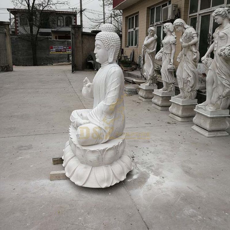 Indian Buddhist Sculpture Life Size White Marble Stone Buddha Seated On Lotus Statue