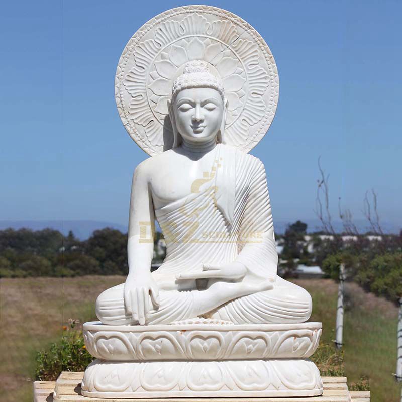 Indian Buddhist Sculpture Life Size White Marble Stone Buddha Seated On Lotus Statue
