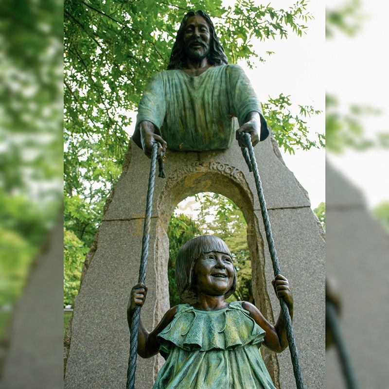 Large custom bronze Jesus and child girl swinging statues for sale