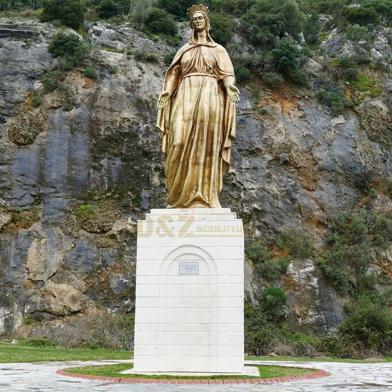 Metal cast brass Virgin Mary statue standing on stone stele for sale