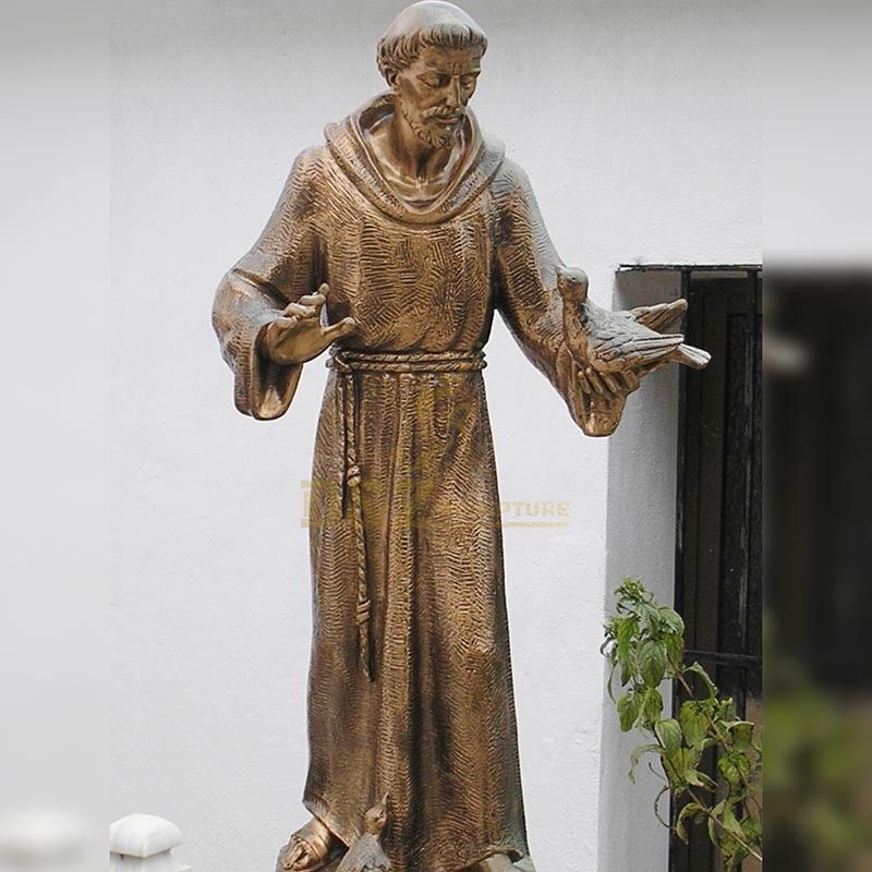 Customized Church Decorative Life Size Bronze St Francis Statue with bird