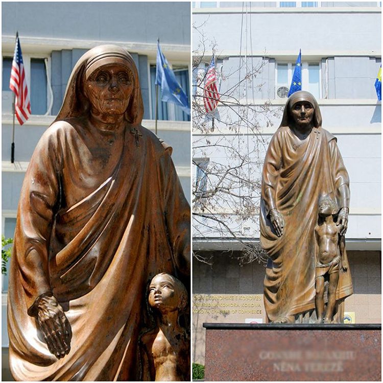 Outdoor bronze standing Teresa religious saint sculpture with boy