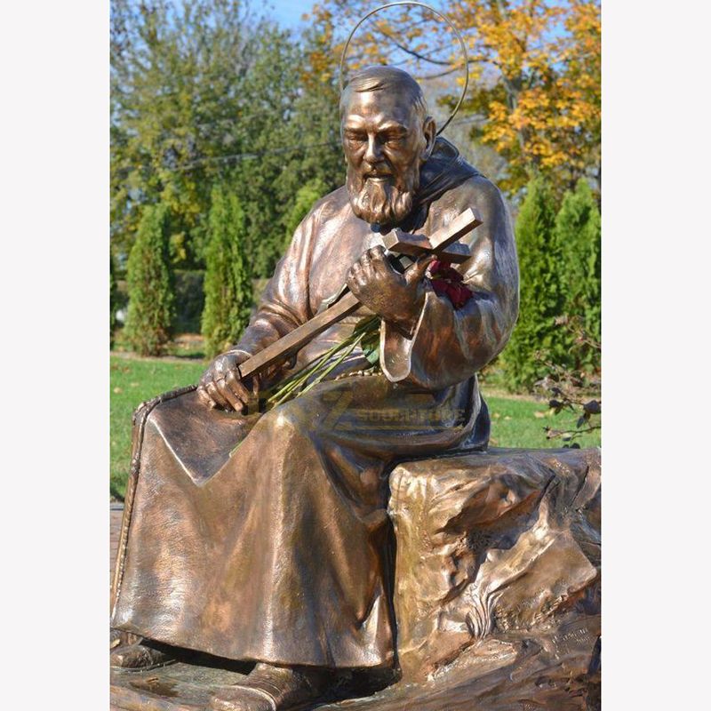 Outdoor brass seated Padre Pio statue garden decoration